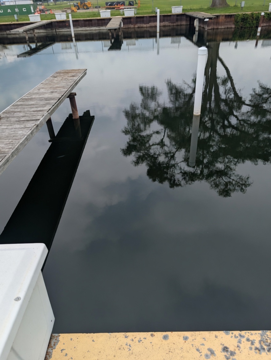 After cleaning: clear water around docks after algae and weed removal